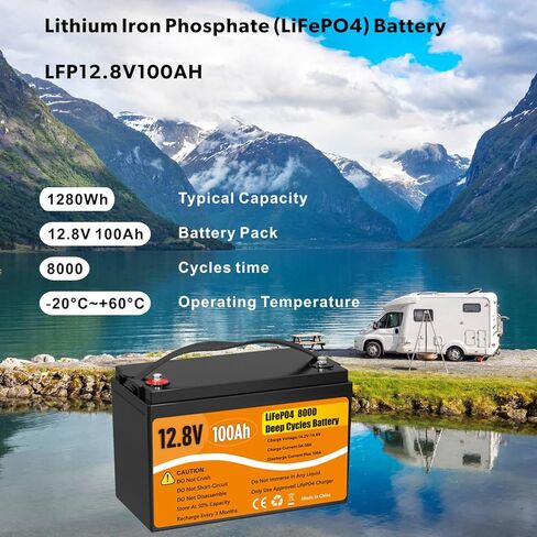 بطارية ليثيوم 12 فولت 100 أمبير LiFePO4، 8000+ دورة عميقة قابلة لإعادة الشحن مجموعة IP65 31 بطاريات ليثيوم، مدمجة 100 أمبير BMS للمركبات الترفيهية، عمر احتياطي 10 سنوات 20 وات قابلة للطي 3 في 1 محطة شحن لشحن السفر in Kuwait