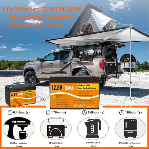 بطارية ليثيوم 12 فولت 100 أمبير LiFePO4، 8000+ دورة عميقة قابلة لإعادة الشحن مجموعة IP65 31 بطاريات ليثيوم، مدمجة 100 أمبير BMS للمركبات الترفيهية، عمر احتياطي 10 سنوات 20 وات قابلة للطي 3 في 1 محطة شحن لشحن السفر in Kuwait