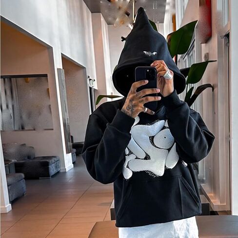 Y2k الهيب هوب هوديي الشرير القوطي فقاعة إلكتروني طباعة هوديي الجرونج البلوز البلوز Harajuku سترة الشارع الشهير (متوسط، أزرق) in Kuwait