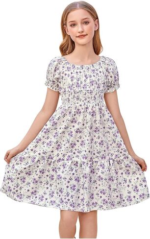 Floerns Girl's Boho Floral Print Puff Short Sleeve A Line Dress Ruffle Hem Summer Dresses in Kuwait