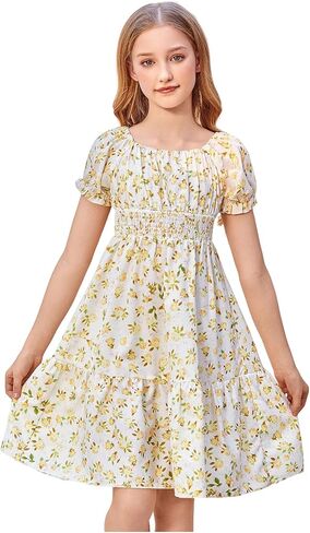 Floerns Girl's Boho Floral Print Puff Short Sleeve A Line Dress Ruffle Hem Summer Dresses in Kuwait