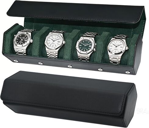 Leather Watch Roll for 3 Watches - Velvet-Lined Travel Case, Luxury Watch Rolls Organizer with Storage & Display for Men (3 Slot-Black Green) in Kuwait
