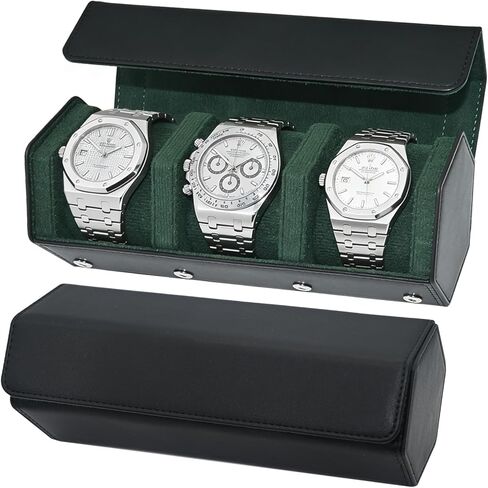 Leather Watch Roll for 3 Watches - Velvet-Lined Travel Case, Luxury Watch Rolls Organizer with Storage & Display for Men (3 Slot-Black Green) in Kuwait