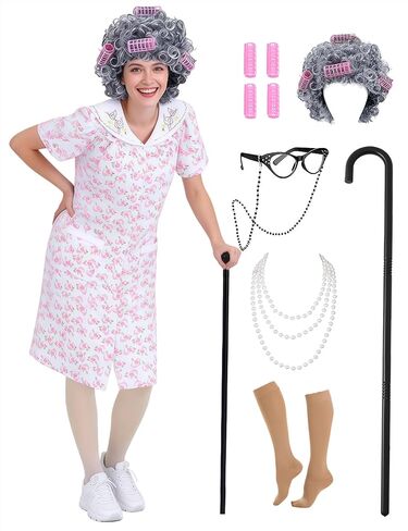 زي السيدة العجوز للنساء 100 يوم من زي المدرسة، أزياء الجدة البالغة، إكسسوارات ملابس الهالوين in Kuwait