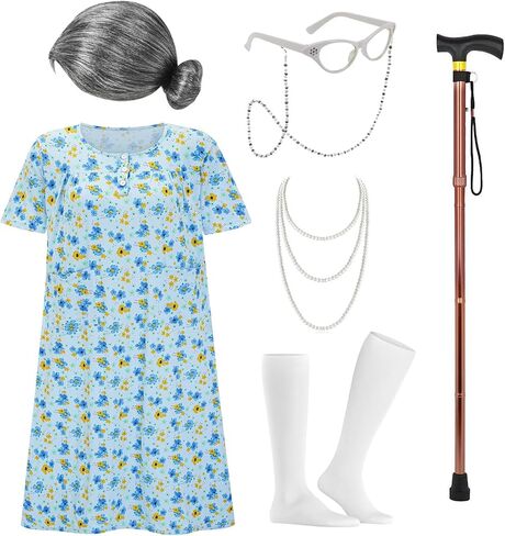 زي السيدة العجوز للنساء، للبالغين 100 يوم من المدرسة للبالغين 100 يوم من المدرسة، زي الجدة، إكسسوارات الأزياء التنكرية in Kuwait