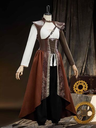 فستان مشد نسائي من miccostumes بتصميم Witcher Cosplay باللون البني، قميص أبيض فاتح مع درع كتف وحزام in Saudi Arabia
