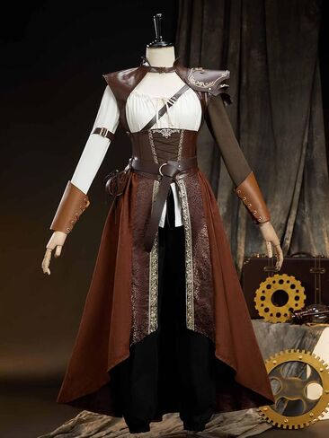 فستان مشد نسائي من miccostumes بتصميم Witcher Cosplay باللون البني، قميص أبيض فاتح مع درع كتف وحزام in Saudi Arabia
