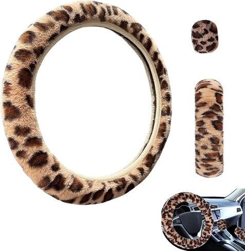 Leopard Print Fuzzy Steering Wheel Cover, Anti-Slip Warm Car Steering Wheel Covers with 2 Cup Holder Coasters, Universal Cheetah Car Interior Decoration Accessories for Men and Women in Saudi Arabia
