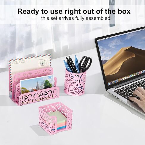 مجموعة منظمات وإكسسوارات مكتب EasyPAG مكونة من 3 قطع - حامل أقلام للمكتب وسطح فارز البريد وحامل ملاحظات لاصقة، وردي in Kuwait