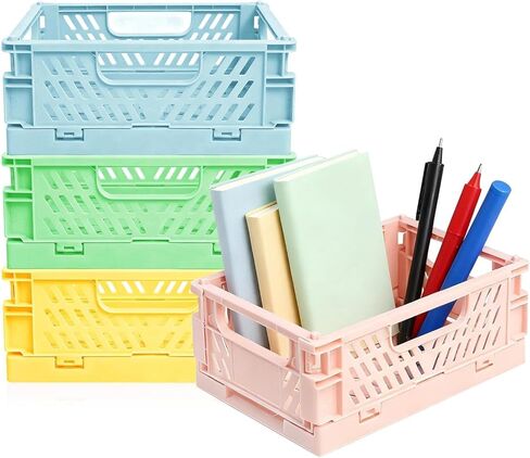 Collapsible Crate, Storage Crates, Foldable Plastic Crates, Plastic Storage Bins, Pastel Basket Containers for Classroom Kitchen Office Bedroom Desktop Home Decorations(Random Color,4 Pack) in Saudi Arabia
