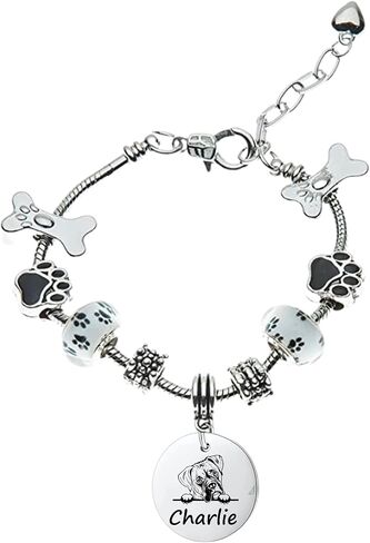 Boxer Dog Gifts, Personalized Boxer Beaded Charm Bracelet, Custom Engraved Dog Jewelry, Memorial Keepsake for Dog Mom, Dog Lover Gift in Saudi Arabia