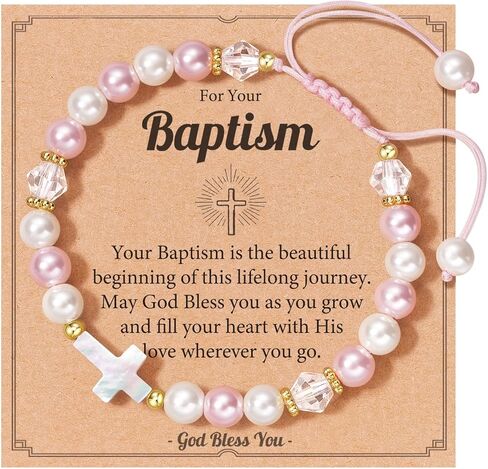 Adjustable Pink Pearl Cross Bracelet Baptism Confirmation First Communion Religious Gifts for Girls, Daughter, Granddaughter, Niece in Kuwait
