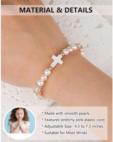 Adjustable Pink Pearl Cross Bracelet Baptism Confirmation First Communion Religious Gifts for Girls, Daughter, Granddaughter, Niece in Kuwait