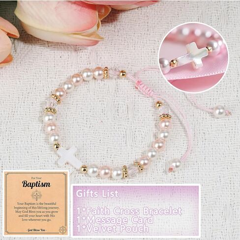 Adjustable Pink Pearl Cross Bracelet Baptism Confirmation First Communion Religious Gifts for Girls, Daughter, Granddaughter, Niece in Kuwait