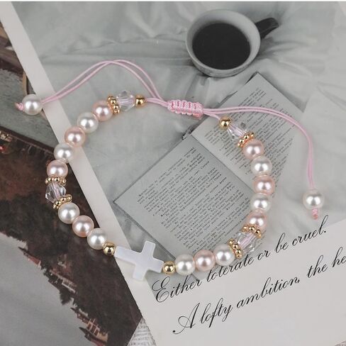 Adjustable Pink Pearl Cross Bracelet Baptism Confirmation First Communion Religious Gifts for Girls, Daughter, Granddaughter, Niece in Kuwait