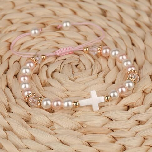 Adjustable Pink Pearl Cross Bracelet Baptism Confirmation First Communion Religious Gifts for Girls, Daughter, Granddaughter, Niece in Kuwait