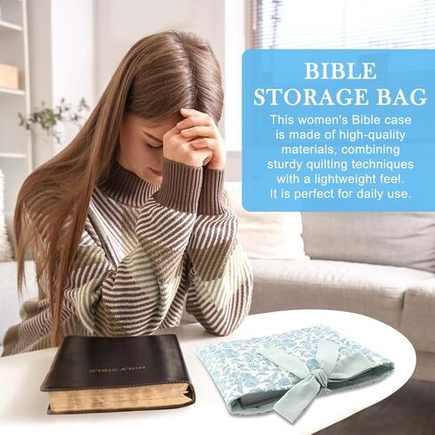 Quilted Bible Cove-r with Bow, Quilted Bible Carrying Case Blue Flower Pattern Bibl-e Sleeve Book Cove-r Washable Bag for Women Girls Lover Gifts(Color:Blue) in Kuwait