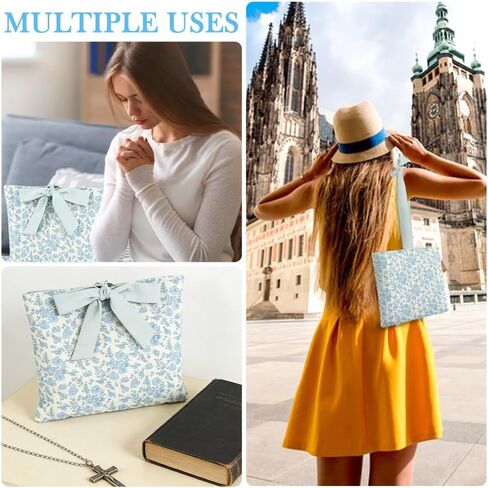 Quilted Bible Cove-r with Bow, Quilted Bible Carrying Case Blue Flower Pattern Bibl-e Sleeve Book Cove-r Washable Bag for Women Girls Lover Gifts(Color:Blue) in Kuwait