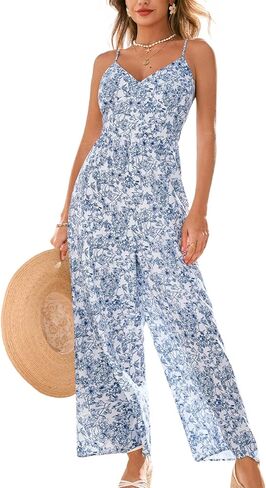 CUPSHE Women's Boho Floral Long Jumpsuit Spaghetti Strap V Neck Romper Tie Back Wide Leg Summer Beach Pantsuit Outfit in Saudi Arabia