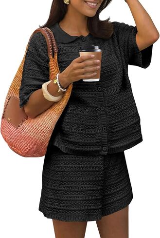 Fisoew Womens 2 Piece Crochet Swimsuit Cover Ups Button Cardigan Loose Knit Shorts Sets Summer Beach Vacation Outfit in Saudi Arabia