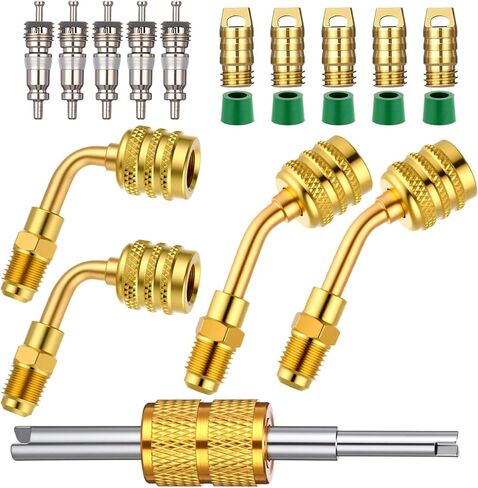 Mudder 20 Pcs R32 R454B A2L Refrigerant Brass Adapter Kit, HVAC Connect Fittings,1/4 Inch Female to 1/4 Inch Male Reverse Thread Fitting with Valve Core Remover Washer Gasket (Straight+Angled) in Saudi Arabia