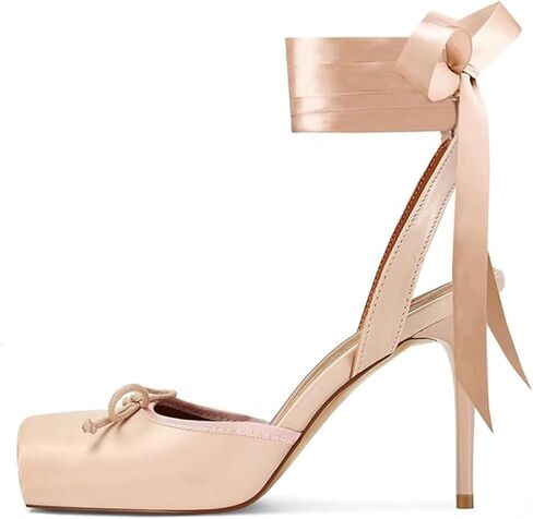 Satin Ballet Heels for Women with Bow Square Toe Ballerina Stiletto Heels Lace Up High Heel Slingback Pumps Strappy Mary Janes Cute Elegant Party Shoes in Saudi Arabia