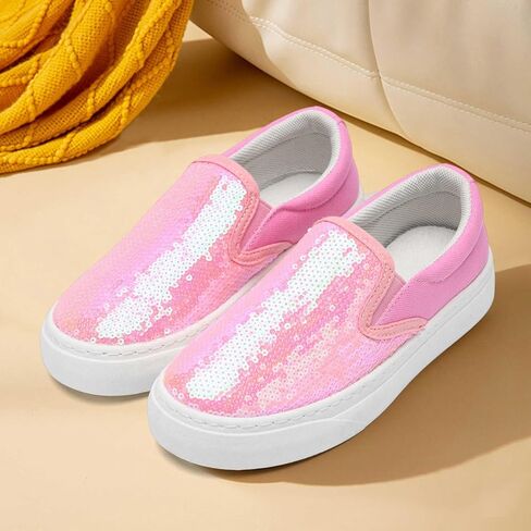 Toddler Sneakers for Girls Boys Low Top Slip On Canvas Casual Shoes Kids Comfort Slip On Fashion Color Glitter Walking Runing Flat Heel Sequins Sneakers Shoes Rose Pink in Saudi Arabia