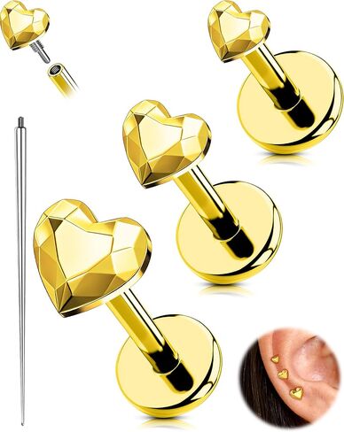 OUFER 18G 6/7/8MM Flat Back Cartilage EarRings-3PCS Gold Titanium Extended Internally Threaded Lip Piercing 2/3/4MM Round Clear CZ Helix Piercing Jewelry in Saudi Arabia