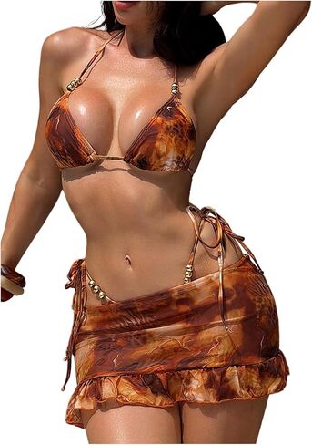 Floerns Women's Cheetah Tie Dye Bikini Sets 3 Piece Halter Swimsuits Tie Side Bathing Suit with Beach Skirt in Saudi Arabia