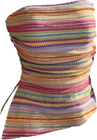 WDIRARA Women's Plus Size Colorful Striped Ruched Tube Top Strapless Split Asymmetrical Bandeau Tops in Saudi Arabia