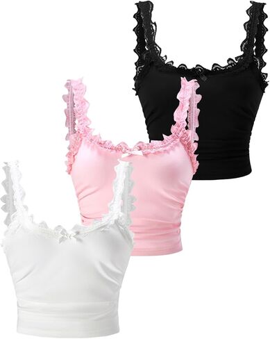 Women's 3 Pack Lace Trim Cami Summer Bow Ruched Scoop Neck Fitted Tops Y2k Coquette Clothes in Saudi Arabia