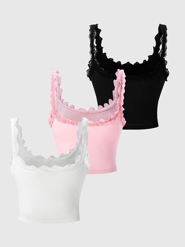 Women's 3 Pack Lace Trim Cami Summer Bow Ruched Scoop Neck Fitted Tops Y2k Coquette Clothes in Saudi Arabia