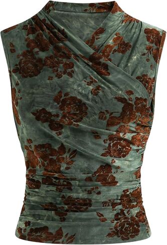 WDIRARA Women's Velvet Jacquard Floral Tank Top Wrap V Neck Ruched Sleeveless Blouse Vintage Tops in Saudi Arabia