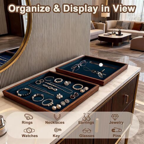 Large Solid Wood Jewelry Watch Tray, Velvet Jewelry Board Display Trays for Key Wallet Ring，Stackable Wooden Jewelry Drawer Organizer Showcase Jewelry Holder(Royal Blue) in Saudi Arabia