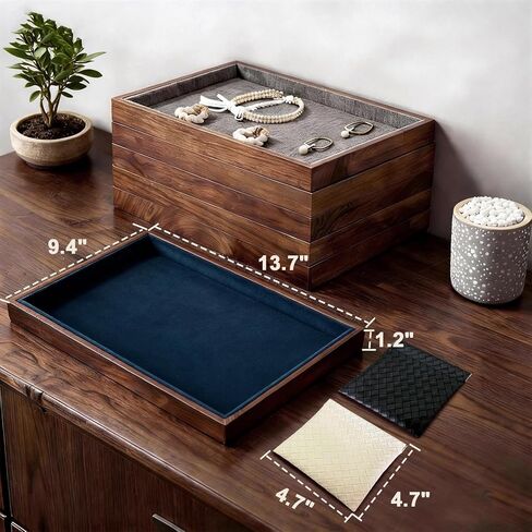 Large Solid Wood Jewelry Watch Tray, Velvet Jewelry Board Display Trays for Key Wallet Ring，Stackable Wooden Jewelry Drawer Organizer Showcase Jewelry Holder(Royal Blue) in Saudi Arabia