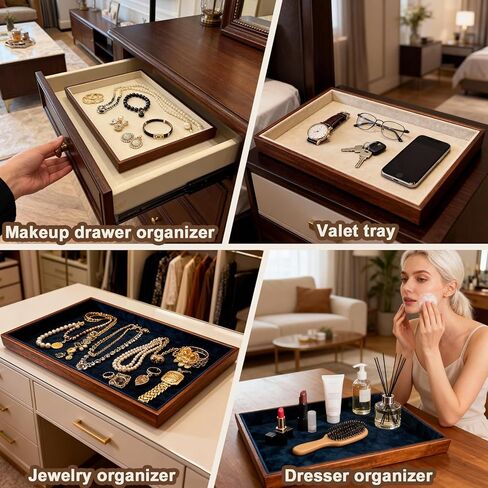 Large Solid Wood Jewelry Watch Tray, Velvet Jewelry Board Display Trays for Key Wallet Ring，Stackable Wooden Jewelry Drawer Organizer Showcase Jewelry Holder(Royal Blue) in Saudi Arabia