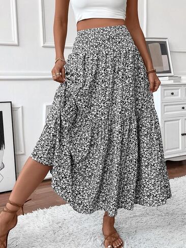 Women's Smocked High Waisted Maxi Skirt Casual Boho A-line Long Skirts with Pockets in Saudi Arabia