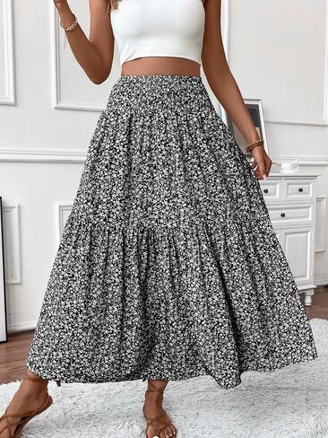 Women's Smocked High Waisted Maxi Skirt Casual Boho A-line Long Skirts with Pockets in Saudi Arabia