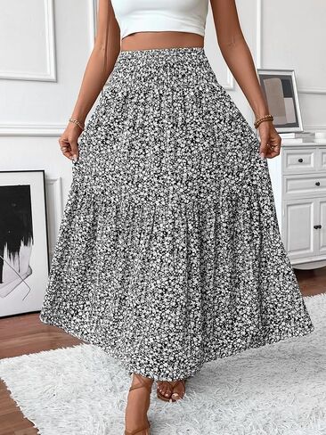 Women's Smocked High Waisted Maxi Skirt Casual Boho A-line Long Skirts with Pockets in Saudi Arabia