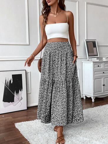 Women's Smocked High Waisted Maxi Skirt Casual Boho A-line Long Skirts with Pockets in Saudi Arabia