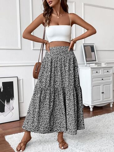 Women's Smocked High Waisted Maxi Skirt Casual Boho A-line Long Skirts with Pockets in Saudi Arabia