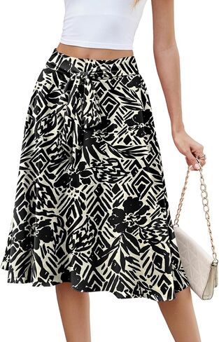 تنورة نسائية صيفية كاجوال من NILOUFO بخصر عالٍ وعقدة عنق مرنة واسعة وتنانير متوسطة الطول على شكل حرف A مع جيوب (أسود فلور-أبيض، كبير) in Kuwait