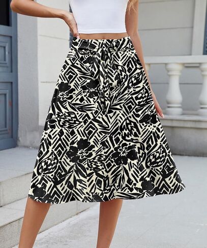تنورة نسائية صيفية كاجوال من NILOUFO بخصر عالٍ وعقدة عنق مرنة واسعة وتنانير متوسطة الطول على شكل حرف A مع جيوب (أسود فلور-أبيض، كبير) in Kuwait