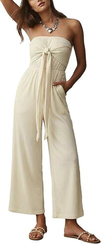 MAKABO Strapless Tie-Front Jumpsuit for Women Summer Casual Off Shoulder Wide Leg Romper with Pockets in Saudi Arabia