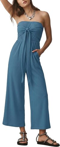 MAKABO Strapless Tie-Front Jumpsuit for Women Summer Casual Off Shoulder Wide Leg Romper with Pockets in Saudi Arabia