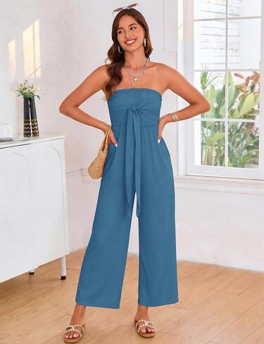 MAKABO Strapless Tie-Front Jumpsuit for Women Summer Casual Off Shoulder Wide Leg Romper with Pockets in Saudi Arabia