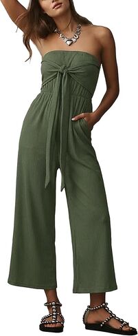 MAKABO Strapless Tie-Front Jumpsuit for Women Summer Casual Off Shoulder Wide Leg Romper with Pockets in Saudi Arabia