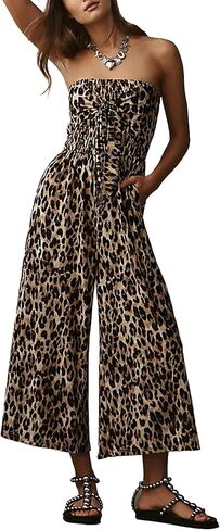 MAKABO Strapless Tie-Front Jumpsuit for Women Summer Casual Off Shoulder Wide Leg Romper with Pockets in Saudi Arabia