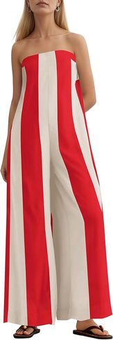 MISSACTIVER Summer Wide Leg Jumpsuits for Women Striped Strapless Long Rompers 2025 Sleeveless One Piece Outfits with Pocket in Saudi Arabia