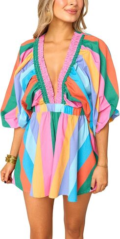 Yoawdats Womens Summer Plaid Romper Casual Loose Deep V Neck Loose Bubble Sleeve Wide Leg Jumpsuit Overalls Beach Streetwear in Saudi Arabia